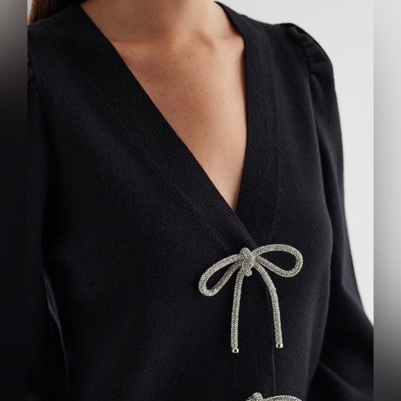 Express Rhinestone Embellished Bow Cardigan M Black Elegant Balletcore Layering - Picture 4 of 12